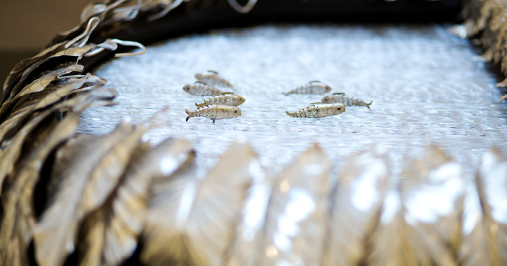 Close up view of the fish and water detail on the Silver Swan automaton